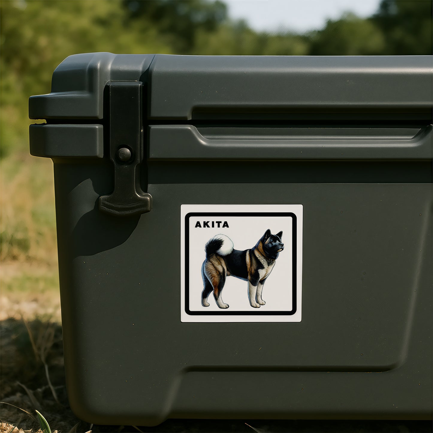 Akita breed loyalty sticker displayed on a green outdoor storage case