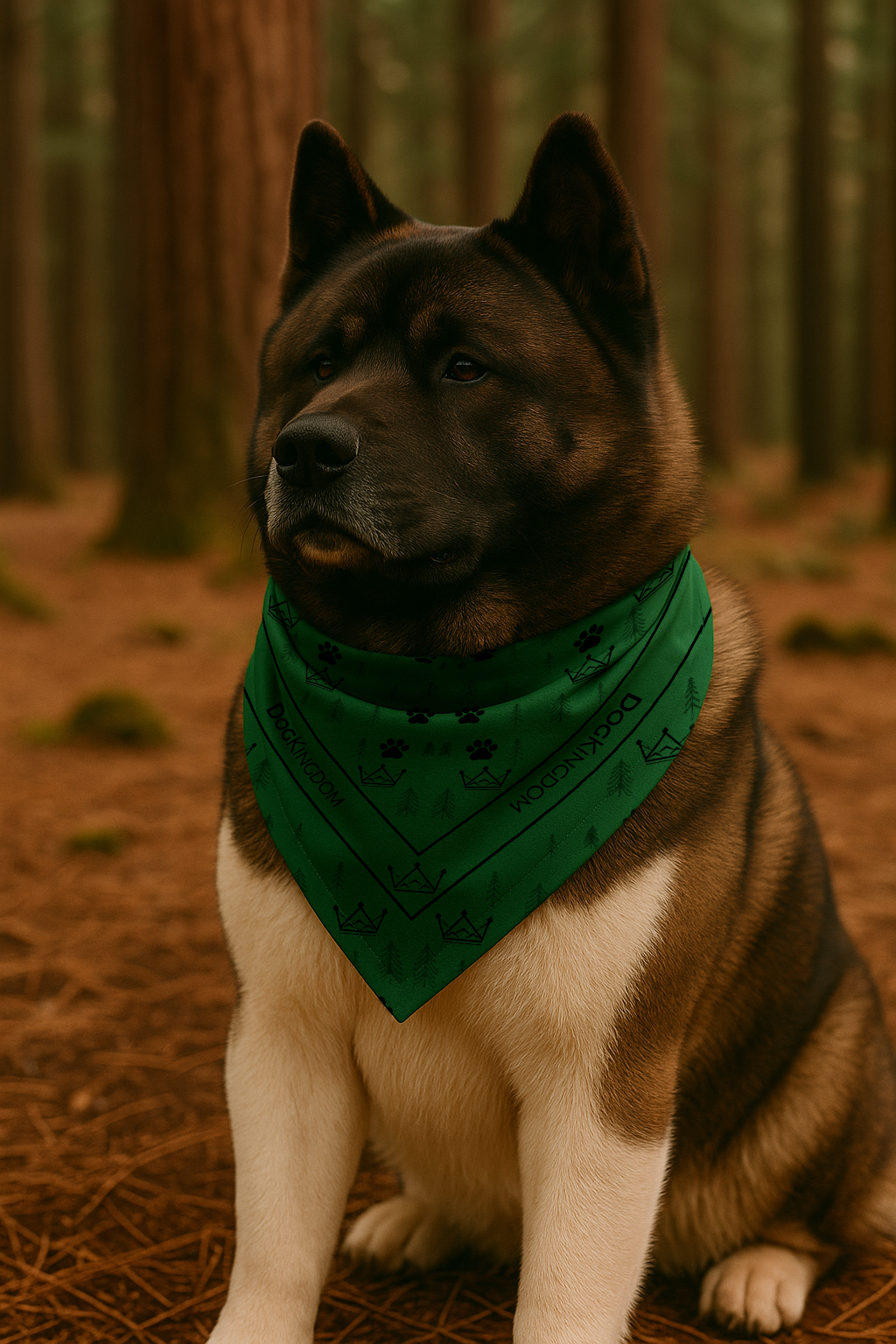 Akita dog wearing the DogKingdom forest-green cotton bandana outdoors among trees