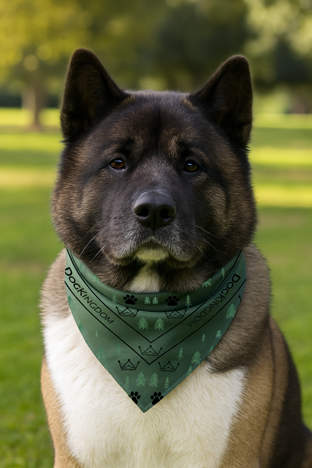 Close portrait of Akita wearing DogKingdom wilderness-inspired green bandana in nature