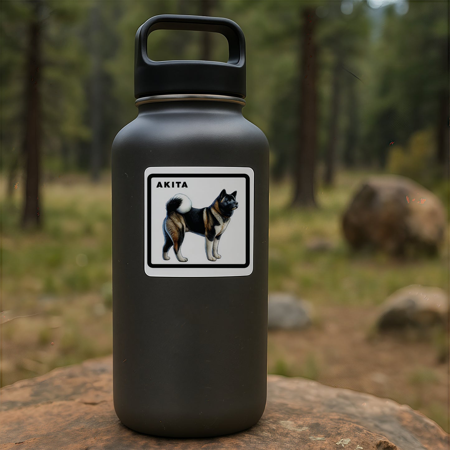 Durable Akita breed decal on a matte black DogKingdom water bottle outdoors
