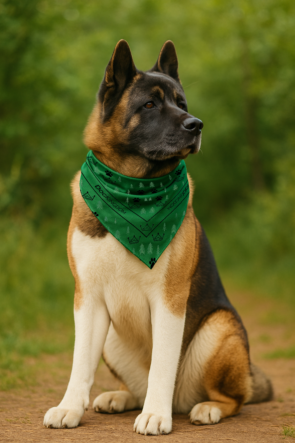 Large Akita sitting proudly with DogKingdom adventure-print bandana around neck