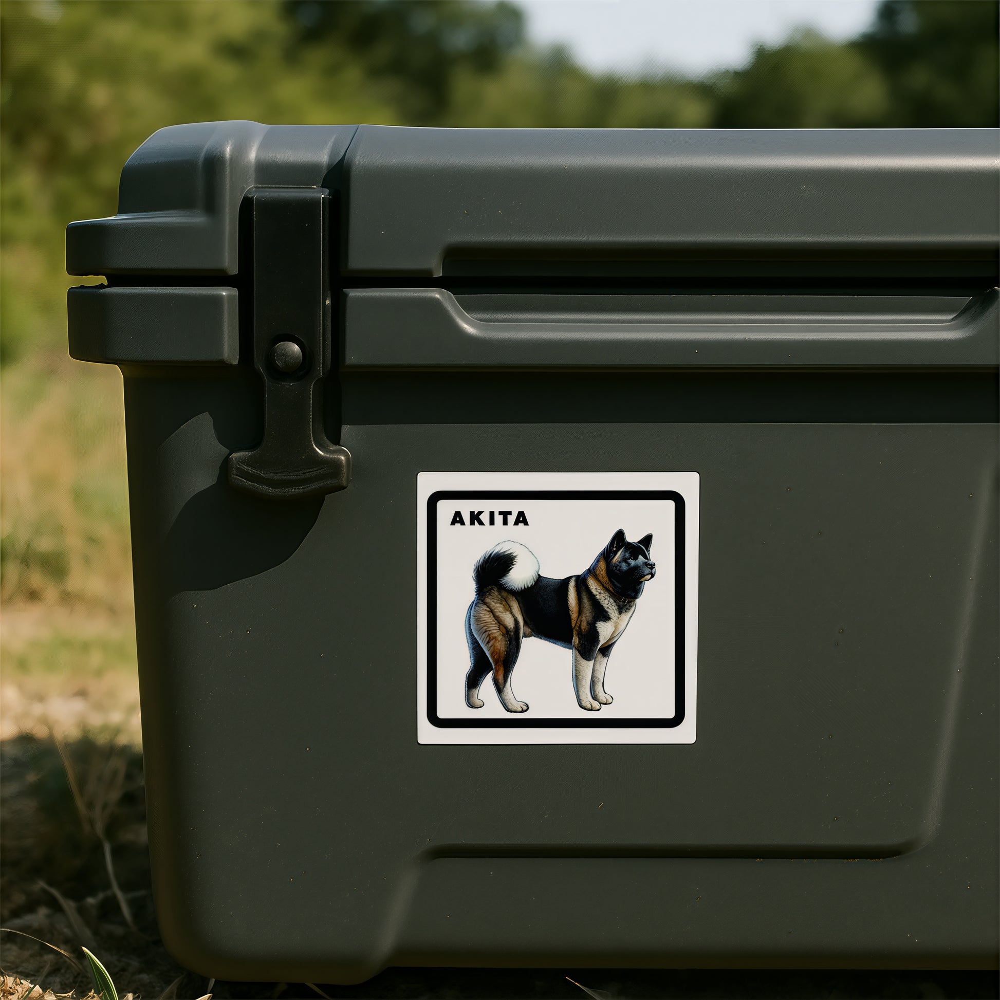 Akita breed loyalty sticker displayed on a green outdoor storage case