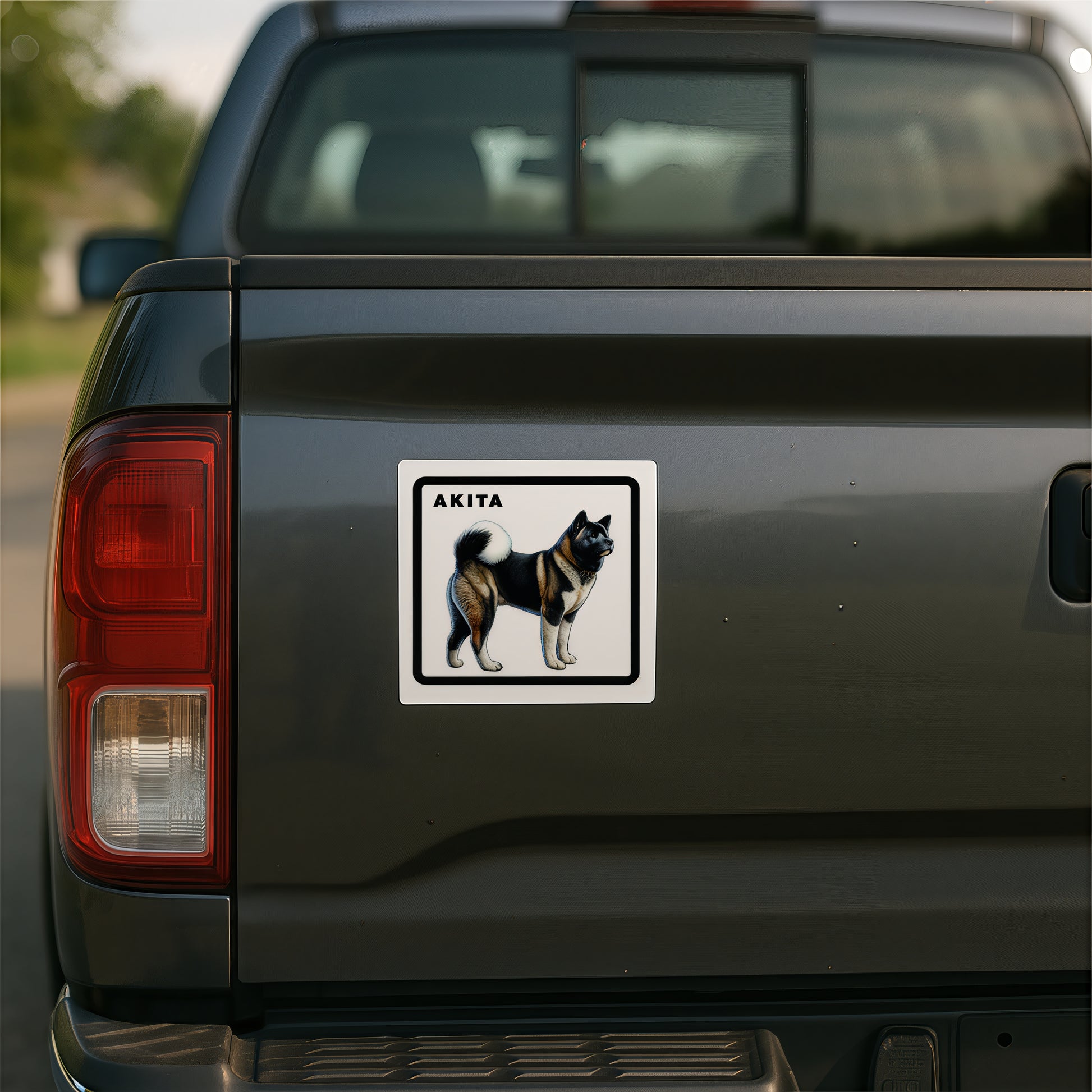 Akita full-body DogKingdom sticker applied to the back of a black pickup truck