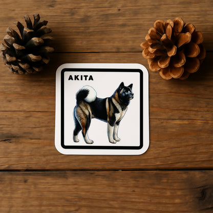 Square DogKingdom Akita sticker with full-body illustration placed on a wooden surface beside pinecones