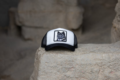 DogKingdom Akita trucker hat – black and white embroidered dog patch cap displayed on rugged stone