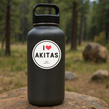 I love Akitas DogKingdom sticker outdoors on a rock in a forest setting