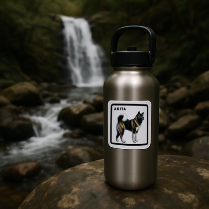 Waterproof Akita full-body DogKingdom sticker on a stainless steel water bottle near a waterfall